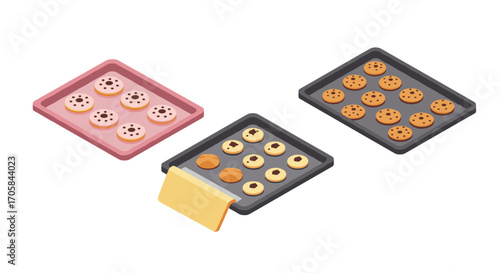 Isometric baking trays with freshly baked cookies on white background