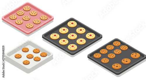 Isometric trays of freshly baked cookies in varied shapes and flavors