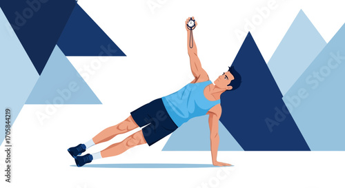 Athlete Performing Side Plank While Timing Workout With Stopwatch And Geometric Background