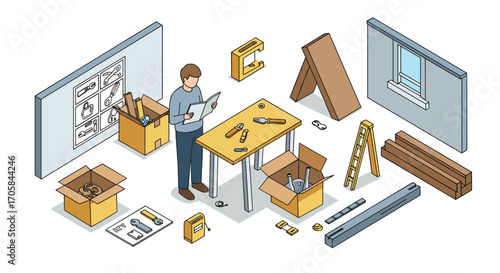 Isometric home improvement scene with tools and diy setup