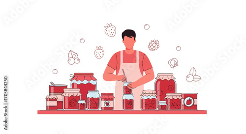 Artisan Preserves Preparation Depicted With Person And Assortment Of Jars And Fruit