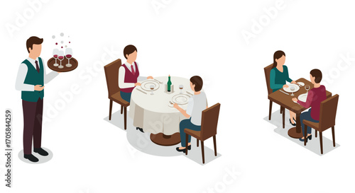 Isometric restaurant scenes with dining couples and waiter serving wine