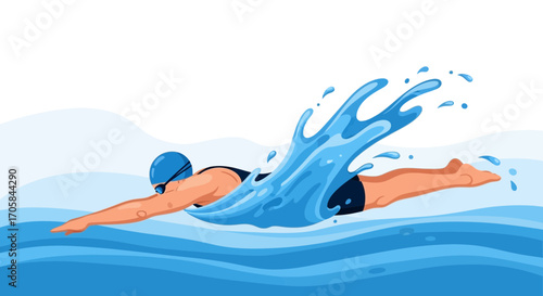 Athlete Swimming Freestyle in Water with Dynamic Motion Vector Illustration