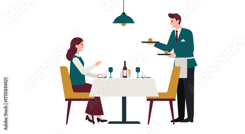 Flat style restaurant scene with waiter and customer dining at table