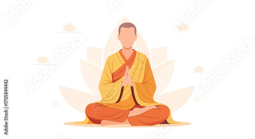 Calm Monk Meditating In Lotus Position With Floral Background And Peaceful Aura