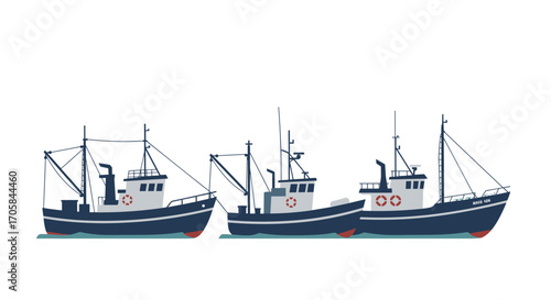 Fishing boats on calm water: nautical flat design for maritime themes