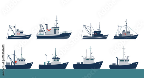 Set of fishing boats in flat design style