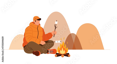 Camping Scene Featuring Person Roasting Marshmallows Over Fire, Outdoor Recreation