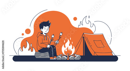 Camping Adventure Featuring Marshmallows Roasting Next to a Burning Campfire and Tent