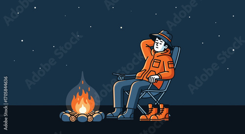 Camping By The Fire, Resting Under The Stars, Enjoying The Night Calm And Peace