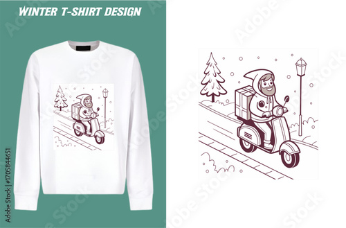 Winter T Shirt Design Featuring a Delivery Man on a Scooter in a Snowy Landscape