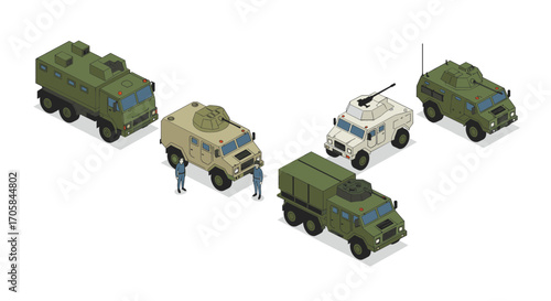 Isometric military vehicles collection featuring armored trucks and personnel