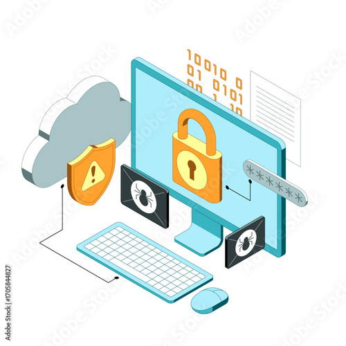 Vector isometric illustration related to cybersecurity, personal data protection, cloud technology safety. Modern flat illustration for website or mobile app
