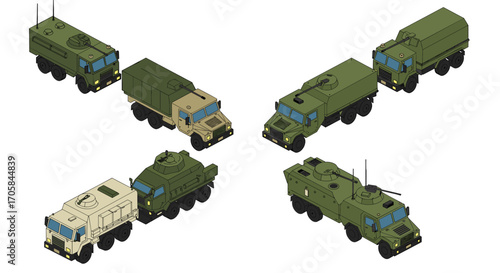 Isometric military vehicles collection: armored trucks and tanks in various designs