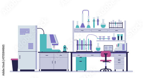 Modern laboratory workspace with scientific equipment and tools in flat design