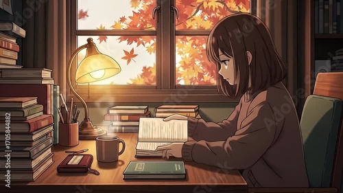 A girl reads a book by the window with falling autumn leaves outside. lofi girl