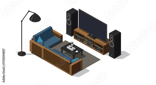Modern isometric living room with home theater setup and contemporary furniture