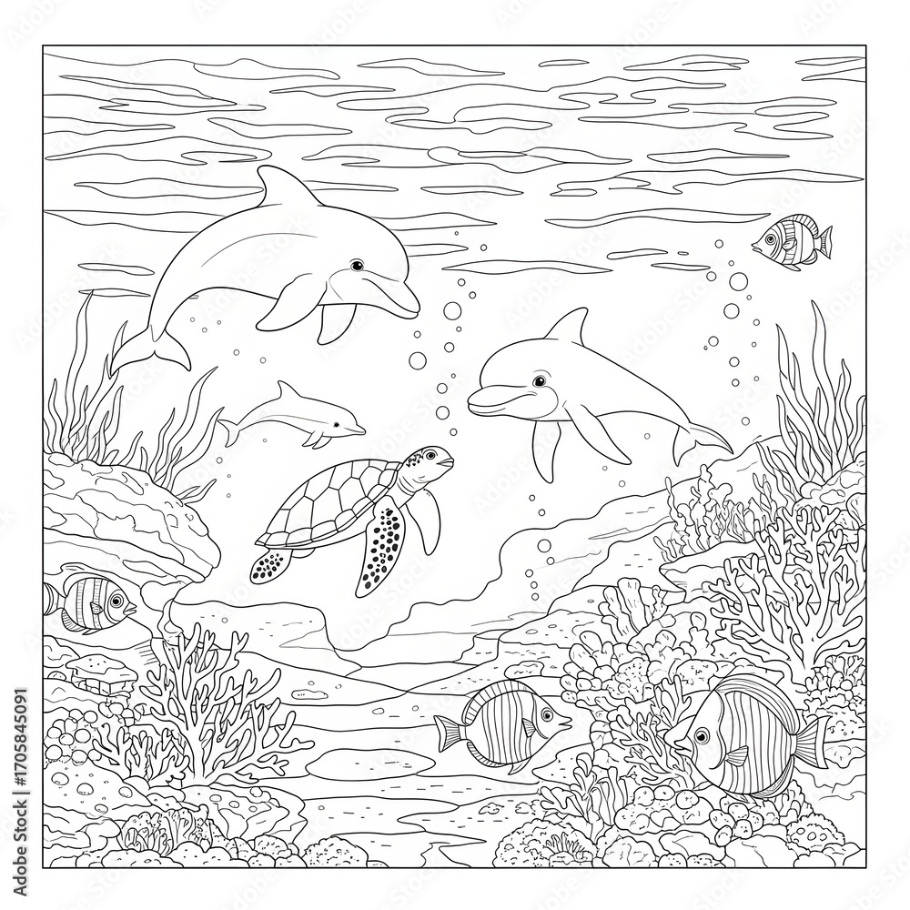Fototapeta premium Underwater ocean scene with marine animals. Sea life and nature concept. Dolphins, turtle, and fish swimming in a coral reef coloring page.
