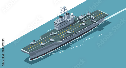 Isometric aircraft carrier with jets on ocean surface