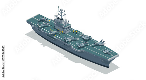 Isometric aircraft carrier with fighter jets on deck in 3d style