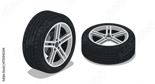 Realistic car tire and wheel graphics on white background