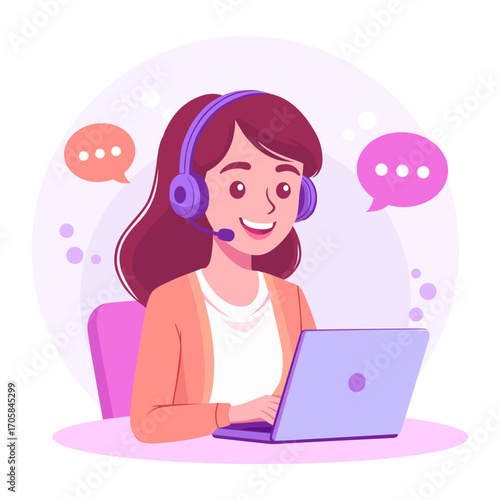 Customer Service and Support. Woman on a Headset Vector Illustration