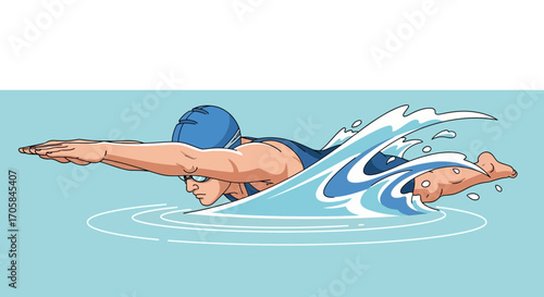 Athlete Swimming Freestyle With Powerful Strokes in Aquatic Race Competition