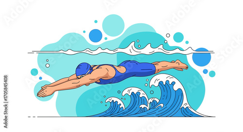 Athlete Underwater: A Swimmer Dives in the Ocean, Surfing the Waves Skillfully