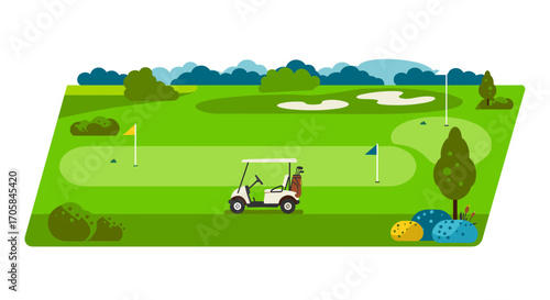 Flat design golf course with golf cart on lush green landscape