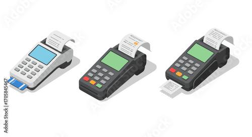 Isometric pos terminals with receipts and keypads