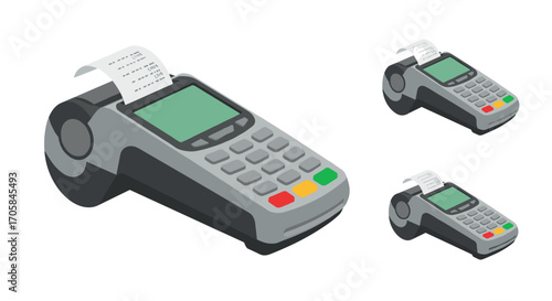 Modern payment terminal set with receipts on white background