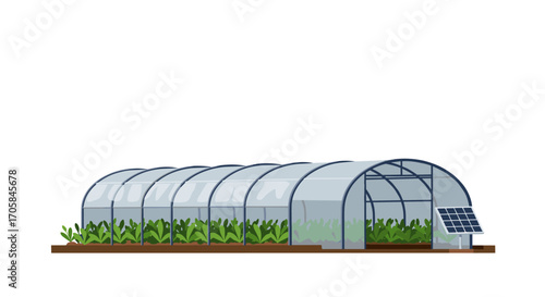 Sustainable greenhouse with solar panel and lush vegetation on white background