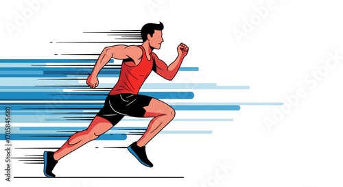 Athletic Man Running Fast In A Race With Energetic Lines Vector Illustration