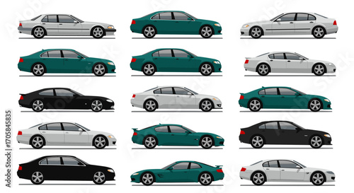 Stylish car profiles: diverse sedan and sports designs in various colors