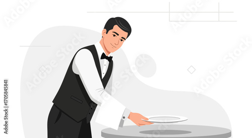 Attentive Waiter Presenting A Plate, Serving Meal With Elegant, Professional Manner