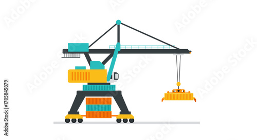 Colorful crane handling cargo containers for industrial port operations