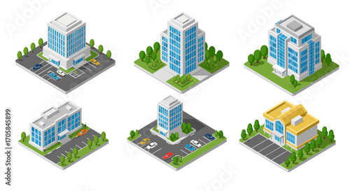 Collection of isometric office buildings with parking in green urban settings