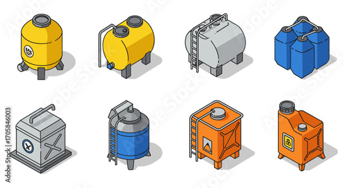 Industrial storage containers isometric set: durable liquid and fuel tanks collection
