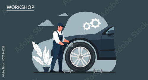 Automotive Mechanic Servicing Car Tire In A Workshop Setting With Modern Style Illustration