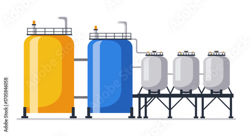 Industrial tanks with pipelines on white background: flat design illustration