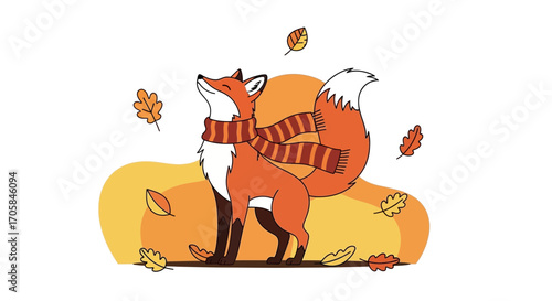 Autumn Fox Portrait Adorned With a Scarf and Surrounded by Falling Leaves Illustration Design