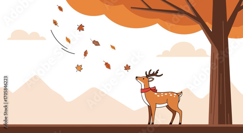 Autumnal Scene Depicting a Whimsical Deer Enjoying the Gentle Fall of Leaves