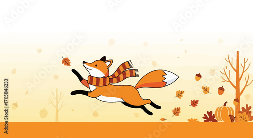 Autumnal Fox Frolics, Adorned With Scarf, Amidst Falling Leaves And Seasonal Glee