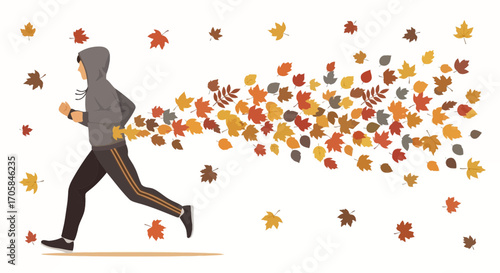 Autumnal Run: A Person Sprinting Amidst A Cascade Of Vibrant, Scattered Leaves