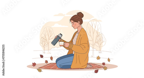 Autumnal Scene Depicting Woman Enjoying Hot Drink in the Park Outdoors Tranquility