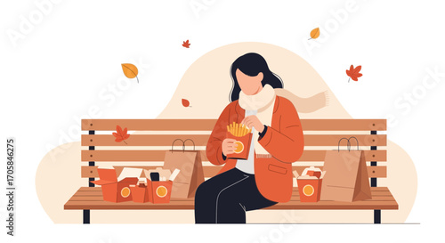 Autumnal Scene: Woman Enjoying Takeaway Meal on Park Bench Amidst Falling Leaves