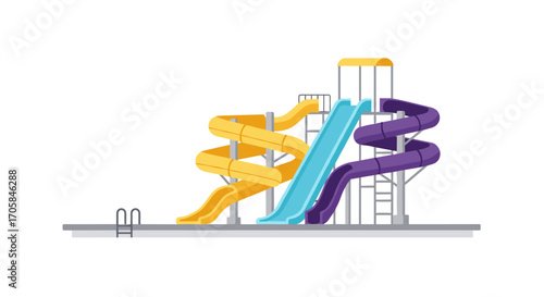 Exciting playground with colorful twisting water slides and stairs on white background