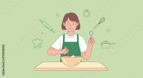 Cartoon Woman Baking With Kitchen Utensils and Ingredients in a Green Colored Design