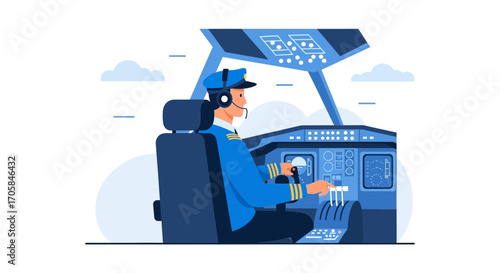 Aviation Professional Operating Airplane, Vector Illustration In Modern Flat Design Style
