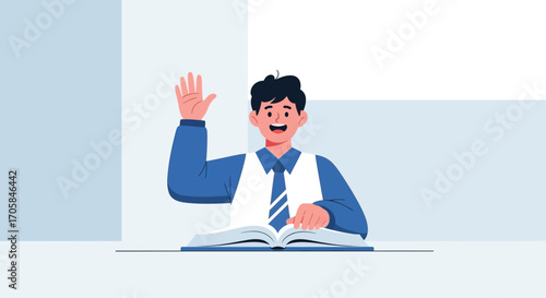 Cartoonish Illustration Of A Smiling Man Raising Hand Over A Book, Education Concept